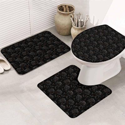 Luxury Black Rose Bath Mat 3 Piece Bathroom Rug Set, Non Slip Bath Rug Contour Mat and Toilet Lid Cover, Absorbent Shower Mats Soft Bath Rug and Mat Sets Vintage Garden Plants Herbs Flowers Small