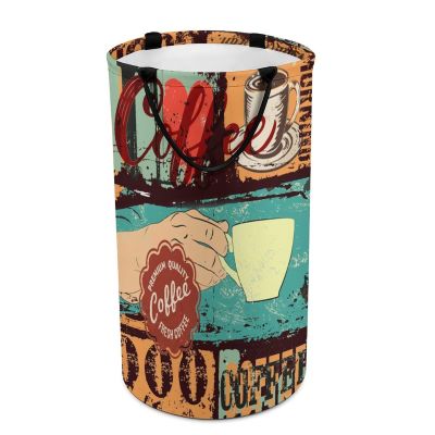 Vintage 70s 80s Coffee Shop Theme Laundry Basket Large Volume,Rustic Painting Art Coffee Cappuccino Prints Dirty Clothes Basket Hampers Storage for Dorm And Family 15.7W" X27.2H"