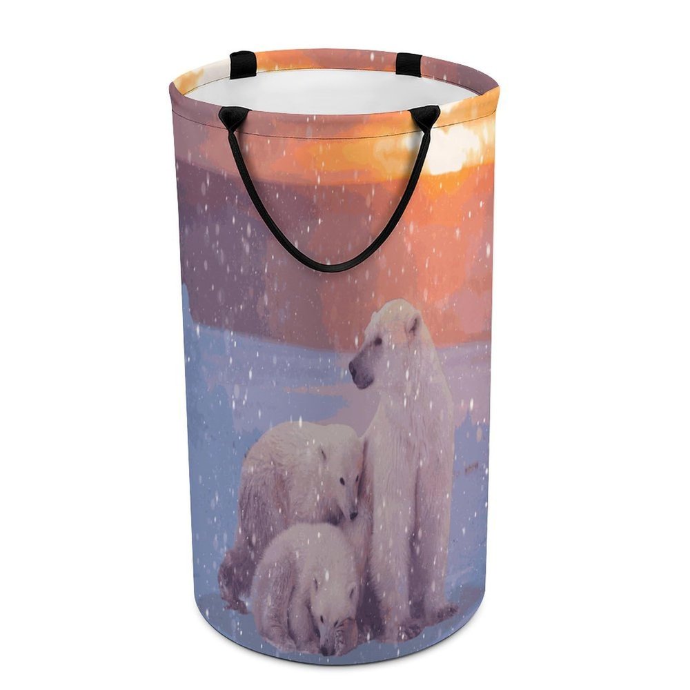 Cute Polar Bear Sunset Laundry Basket Large Volume,Rustic Polar Nature Landscape Funny Arctic Animals Polar Bears Dirty Clothes Basket Hampers Storage for Dorm And Family 15.7W" X27.2H"