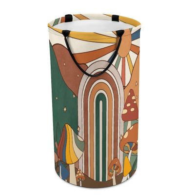 Vintage 70s80s Boho Mushroom Laundry Basket Large Volume,Watercolor Rainbow Colorful Abstract Forest Mushroom Dirty Clothes Basket Hampers Storage for Dorm And Family 15.7W" X27.2H"