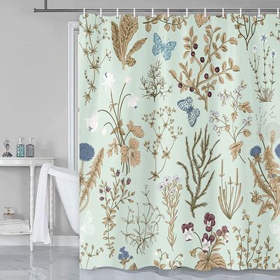 Floral Shower Curtain for Bathroom, Vintage Wild Flowers Shower Curtains, Rustic Garden Flowers Botanical Classic Mint Green Fabric Bathtub Curtain Set with Hooks for Restroom Powder Room & Guestroom