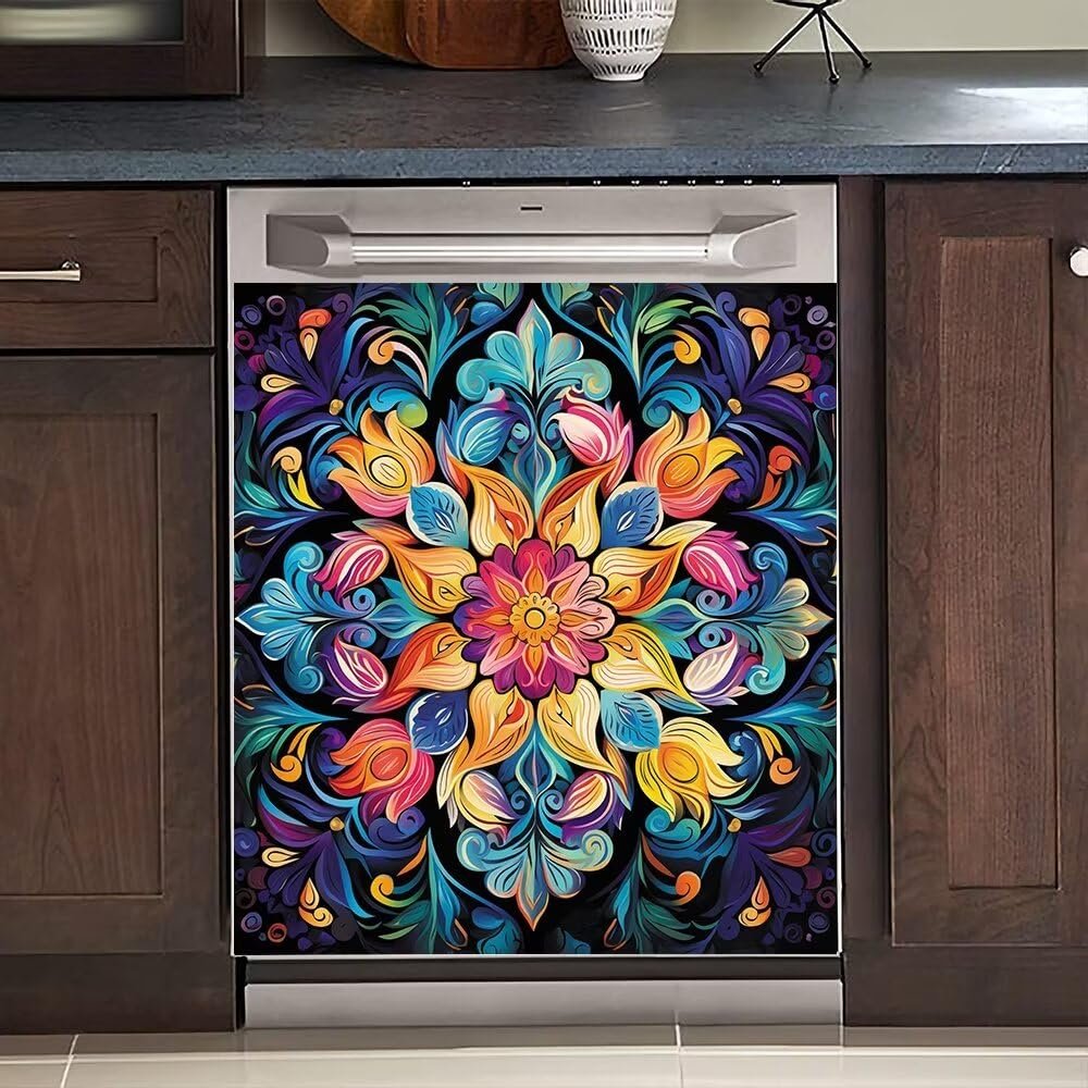 Bohemian Style Magnet Dishwasher Cover Mandala Flower Refrigerator Magnetic Decal Personality Sticker for Washers Fridge Panels Kitchen Decor Magnet 23x26inch