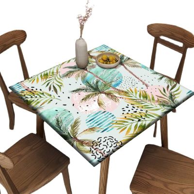AngelSept Elastic Edge Square Fitted Tablecloth, Summer Watercolor Palm Tree Leaf Polyester Table Cloth, for Indoor Restaurant or Outdoor Patio Party Dining, Fit for 40" x 40"Square Table