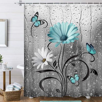 Uokiuki Rustic Teal Floral Boho Shower Curtain, Country Farmhouse Daisy Flowers and Butterfly Shower Curtain for Bathroom, Turquoise Blue Grey Gray Surreal Bathroom Curtain with 12PCS Hooks, 60X70IN