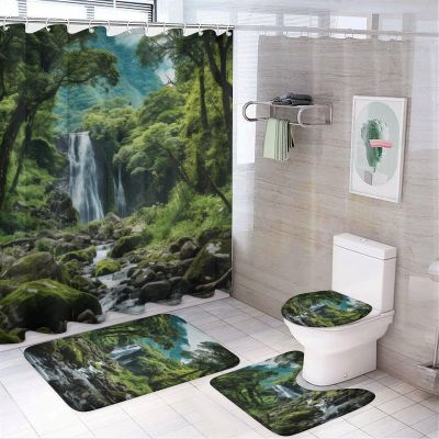 SOPIYRIO 4 Pieces Rustic Waterfalls Shower Curtain Set Mysterious Mountain Forests Natural Rivers Picture on Non-Slip Rugs Toilet Lid Cover Bath Mat and Bathroom Curtain with 12 Hooks,72x72 Inch