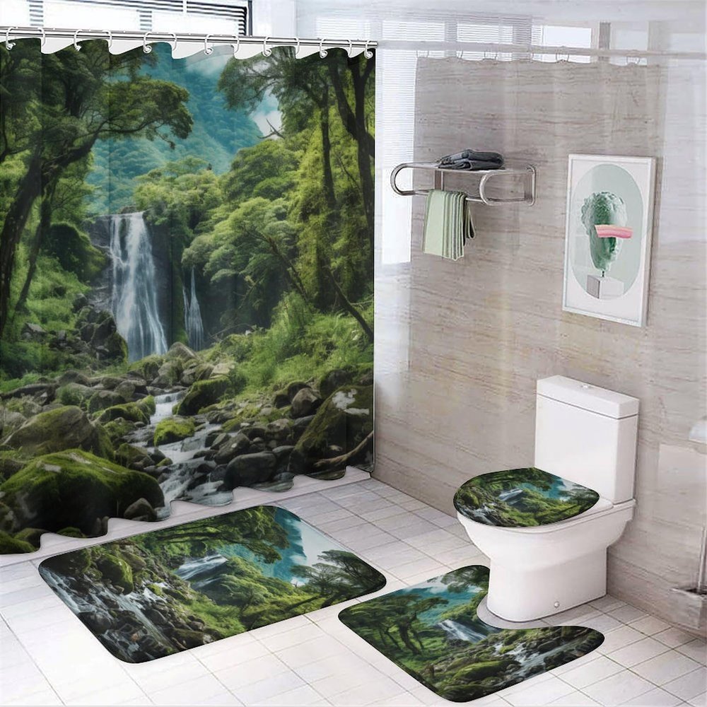 SOPIYRIO 4 Pieces Rustic Waterfalls Shower Curtain Set Mysterious Mountain Forests Natural Rivers Picture on Non-Slip Rugs Toilet Lid Cover Bath Mat and Bathroom Curtain with 12 Hooks,72x72 Inch