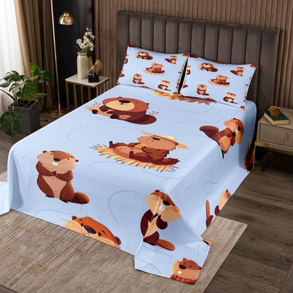 Cartoon Beavers Bedspread King Size,Cute Wild Animals Quilted Comforter Set Rustic Style Beavers Bedding Quilt for Kids Adult Room Decor,Brown Blue Coverlet Set Bedding Gift 3Pcs