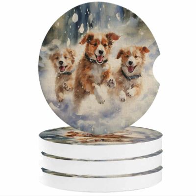 Animals Car Coasters for Cup Holders 2.6" Dia Strong Absorbent Car Interior Accessories for Women Men, Watercolor Cute Pet Dog Ceramic Car Coaster with Finger Grooves (4 Piece Set)