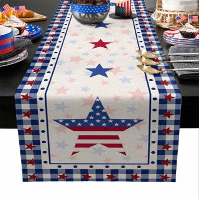 4th of July Stars Table Runner Kitchen Dining Table Runners 60 Inches Long, Cotton Linens Washable Table Cloth Dresser Scarves for Party Holiday Home Decor, 13" Wide Buffalo Plaid Check Tablerunners
