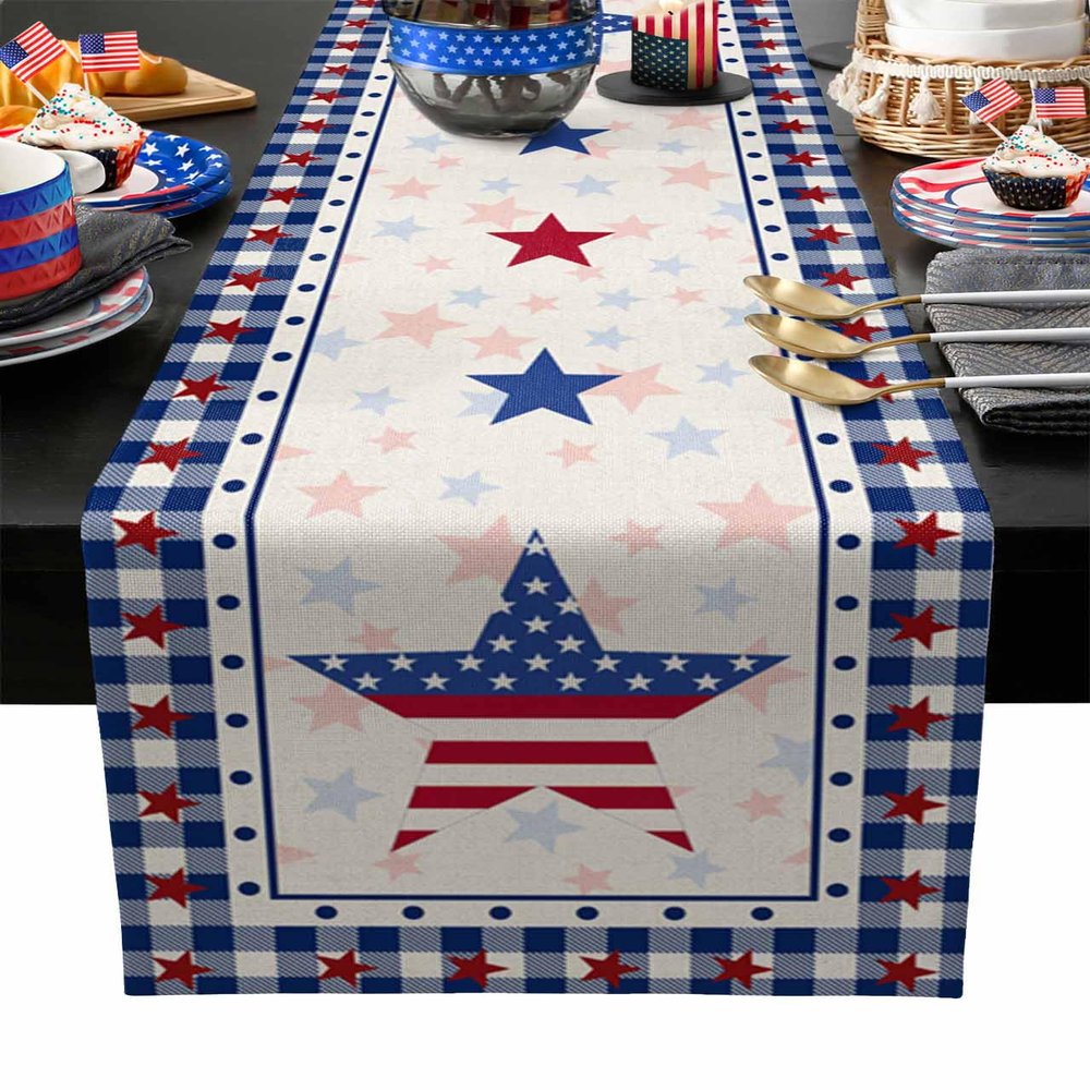 4th of July Stars Table Runner Kitchen Dining Table Runners 60 Inches Long, Cotton Linens Washable Table Cloth Dresser Scarves for Party Holiday Home Decor, 13" Wide Buffalo Plaid Check Tablerunners