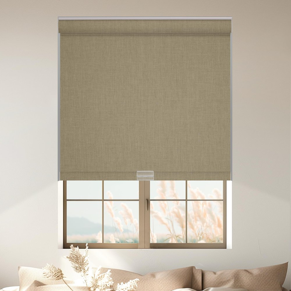 HOTSOON Blackout Roller Shades for Windows, Cordless Window Shades with Cassette Valance Cross Fabric, Roller Blinds with UV Protection Free Stop for Home Office, Brown, 62" W x 56" H
