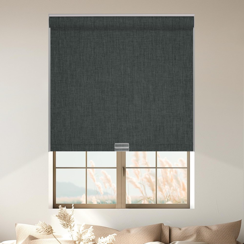 HOTSOON Blackout Roller Shades for Windows, Cordless Window Shades with Cassette Valance Cross Fabric, Roller Blinds with UV Protection Free Stop for Home Office, Black Gray, 60" W x 76" H