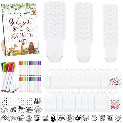 Panitay 100 Pcs White Bibs Bodysuits Decorating Kit for Baby Shower Games, 25 Guests DIY Baby Bodysuit Painting Activity Set(Woodland)