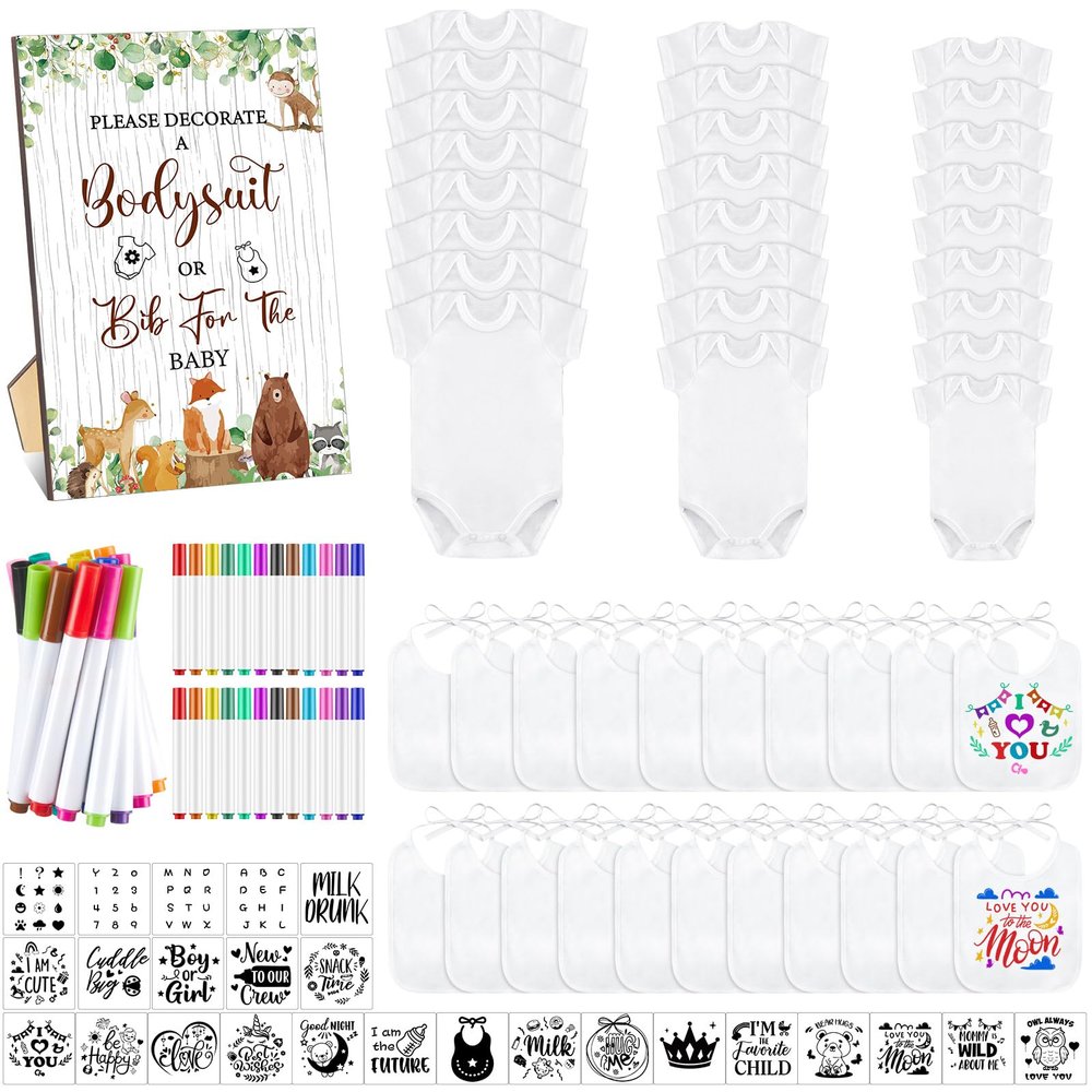 Panitay 100 Pcs White Bibs Bodysuits Decorating Kit for Baby Shower Games, 25 Guests DIY Baby Bodysuit Painting Activity Set(Woodland)
