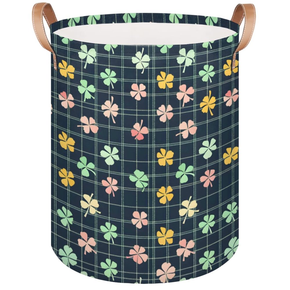 Tablerazzi Laundry Hamper Happy St Patrick's Day Large Collapsible Laundry Baskets Buffalo Check Plaid Clover Waterproof Clothes Hamper with Leather Handles for Bedroom, Bathroom, Dorm, Toys
