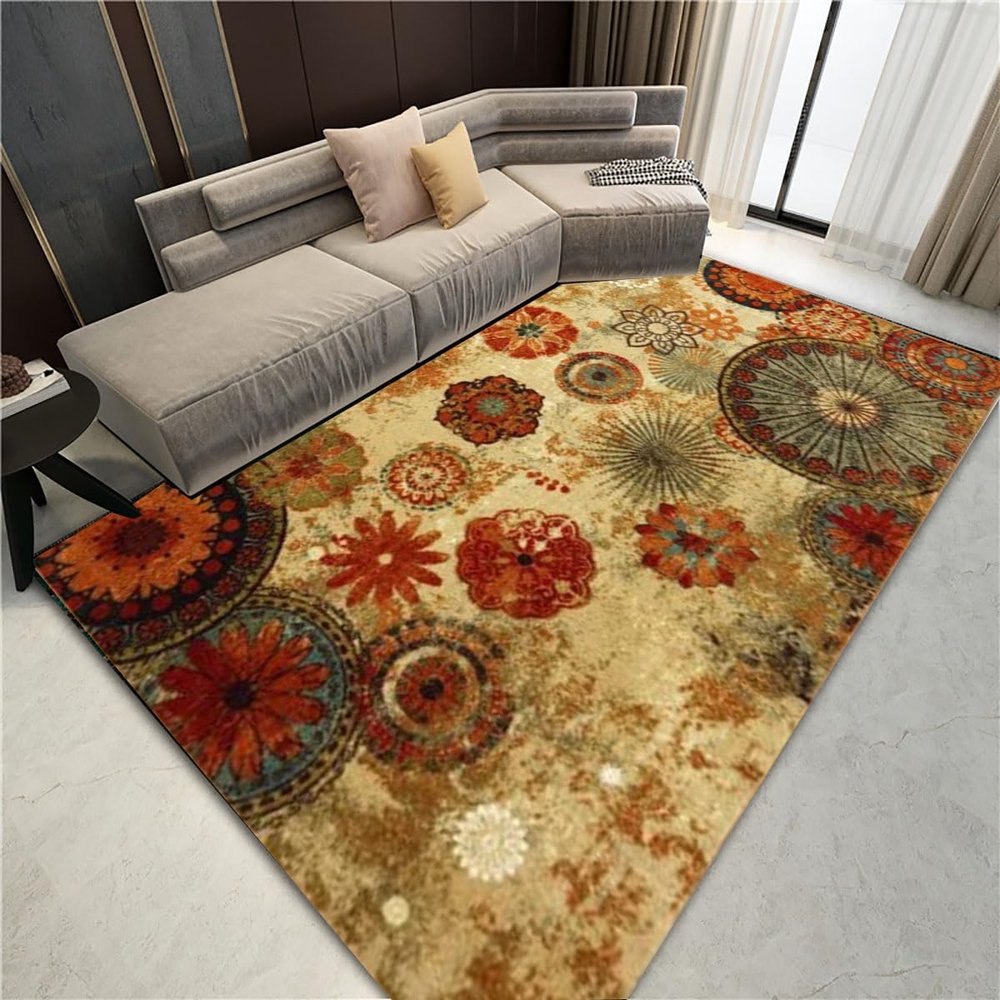 Qkjtyt Retro Style Mandala Floral Area Rug for Home Office Decor Contemporary Boho Abstract Flowers Rugs Champagne Floor Carpets Mats,5'x8'