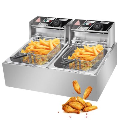 forplubossmmp Electric Deep Fryer With Double Tank (6l+6l), Stainless Steel Commercial Deep Fryer With Large Capacity And Baskets And Lids Onion Rings, Poppers, Fried Dumplings, Spring Rolls