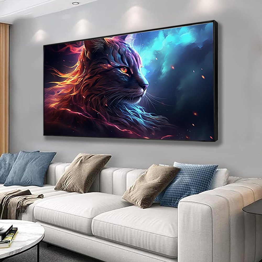 Feuwile Cat Art Wall Decor,Blue Cat Wall Art,Pet Wall Decor for Bedroom,Living Room,Office (Black Metal Frame, 55" W x 27" H/140x70cm)