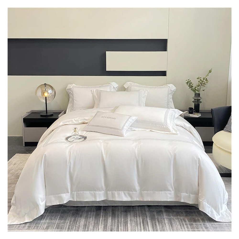 QuKan Bed, 100% Cotton Bedding Set Home Textile Three Lines Embroidery Luxurious Pillowcase Sheet Quilt Cover Twin/Queen/Single Bed, White, MM-102