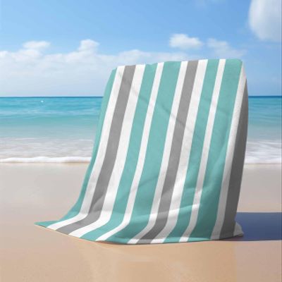 ALAGEO Beach Towels Teal Green, White and Grey Stripes Bath Pool Towel Striped Pattern Bath Towels Sand Free Beach Blanket Quick Dry Lightweight Travel Towel for Adults Beach Gifts 23x47 inch