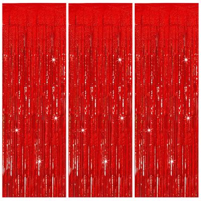 3 Pack Red Streamers Party Backdrop Christmas Decorations Foil Fringe Backdrop Curtains Carnival Casino Theme Birthday New Year Holiday Celebration Bachelorette Party Decorations Supplies