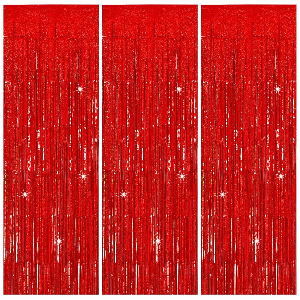 3 Pack Red Streamers Party Backdrop Christmas Decorations Foil Fringe Backdrop Curtains Carnival Casino Theme Birthday New Year Holiday Celebration Bachelorette Party Decorations Supplies