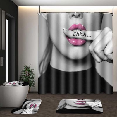 PAEOT 4PCS Beautiful Woman Shower Curtain Set Lips Kiss Fashion Bathroom Decor Set with Non-Slip Rugs,Bath Mat and Toilet Lid Cover Bathroom Shower Curtain Set with 12 Hooks SETDWPA0001