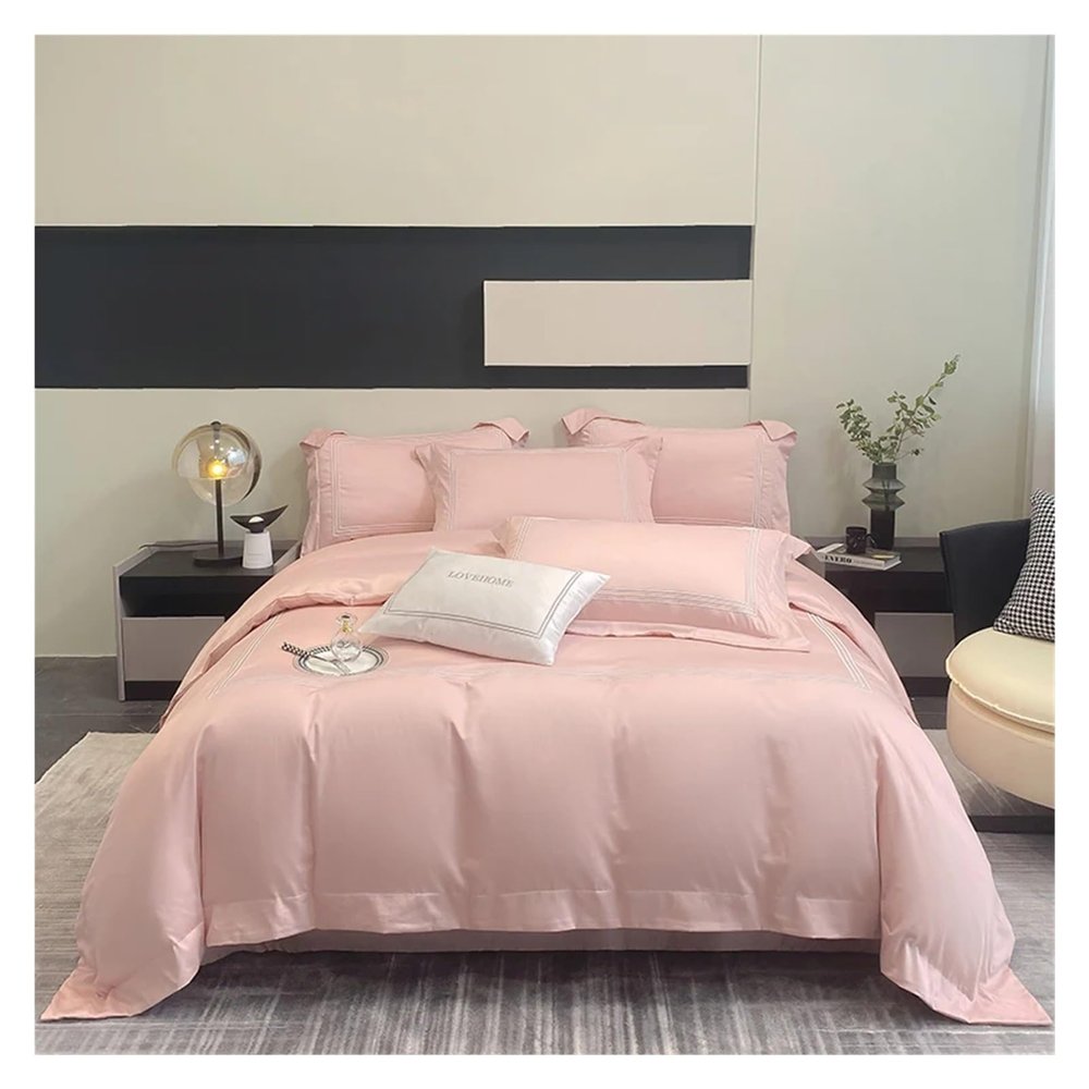 QuKan Bed, 100% Cotton Bedding Set Home Textile Three Lines Embroidery Luxurious Pillowcase Sheet Quilt Cover Twin/Queen/Single Bed, Pink, MM-102