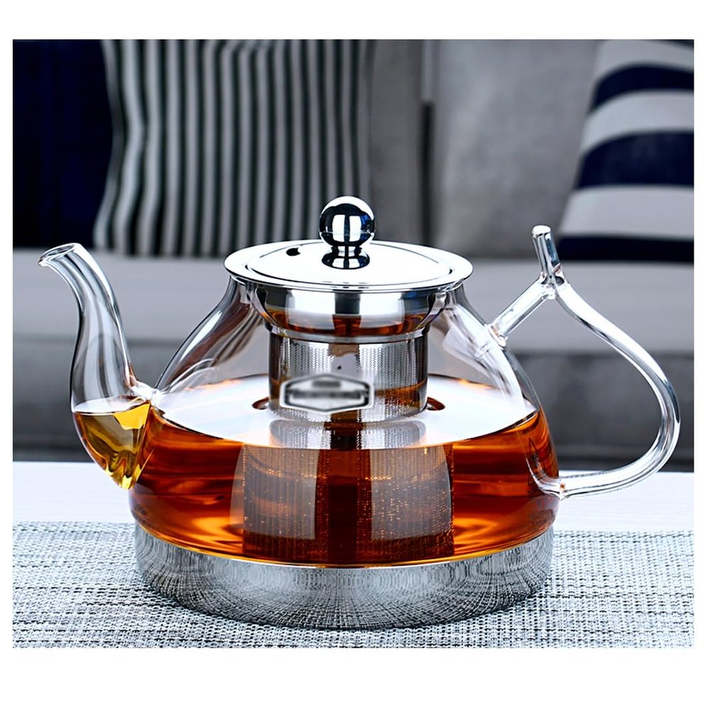 QPZK Induction Cooker Special Glass Teapot, Heat Resistant Borosilicate Glass Teapot With Stainless Steel Inner Filter,tea Kettle Stovetop Clear Glass Flower Teapot Transparent-1.1L
