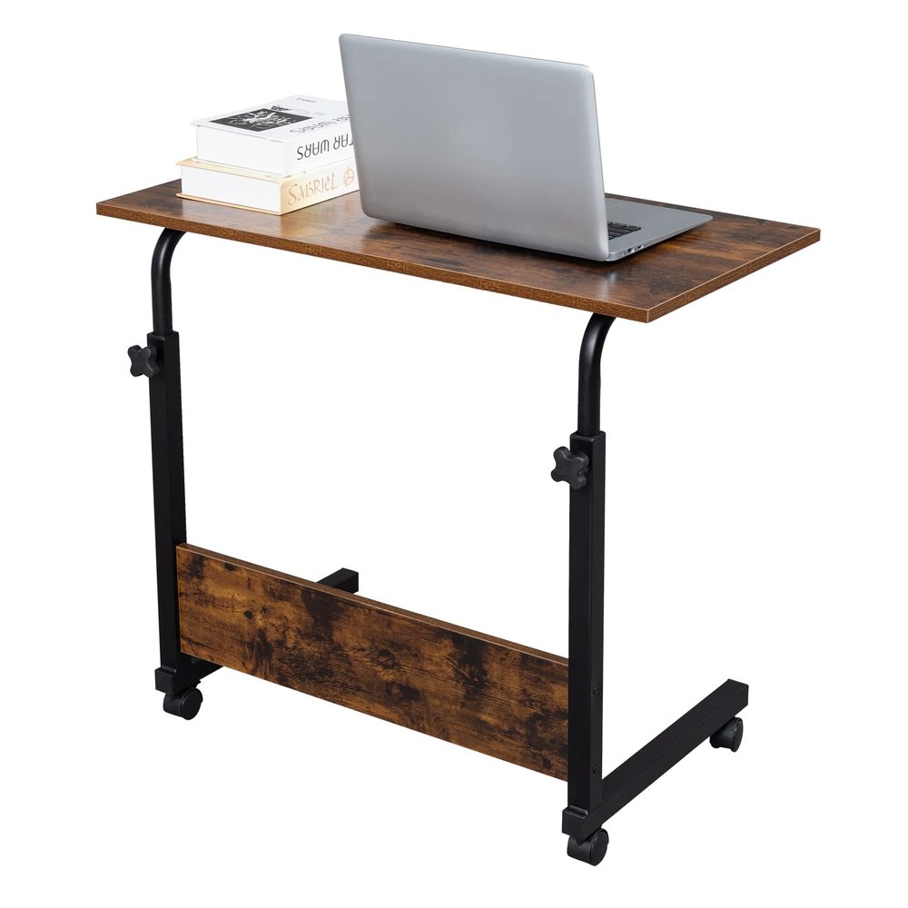 Videys 31.5"" End Table C Shaped Side Table Height Adjustable with Wheels, Rolling Laptop Table Overbed Desk Bedside Table for Couch Sofa Bed Living Room Bedroom, Brown