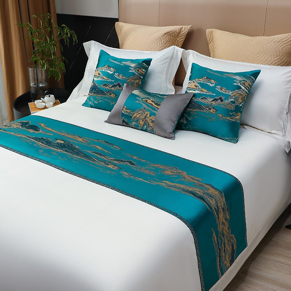 CATPAN Luxury Bed Runner & ScarvesLandscape Jacquard Design Bed Runner,Elegant Bedding, Bed Room Decorative and Hotel Wedding Room Guestroom (Green, Single19.7x70.9in)