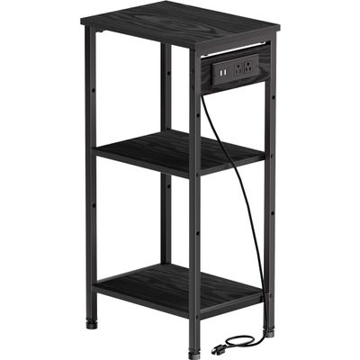 Asgolion Tall Nightstand with Charging Station, 3 Tier Narrow Tall End Table with Storage, Slim Side Table with USB Ports and Outlets for Bedroom, Living Room, Office, Black