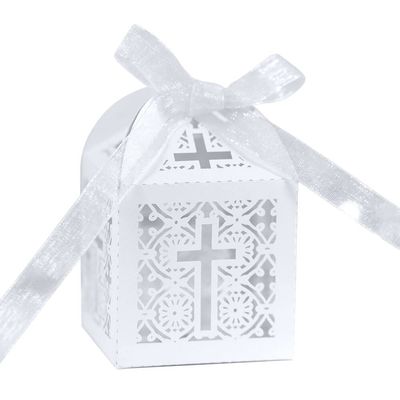 Katutude 50 Pcs Baptism Favor Boxes Cross Hollow Wedding Favor Small Gift Box with Ribbons Empty Cookie Chocolate Candy Gift Box for Bridal Shower Anniverary Birthday Wedding Party