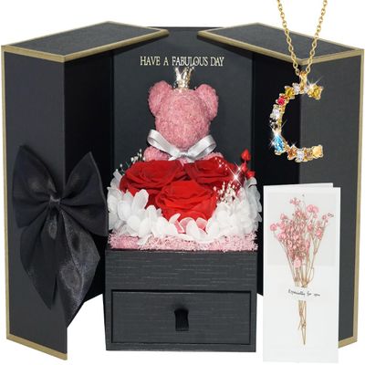 ADDWel Valentines Day Gifts for Her Girlfriend, Preserved Eternal Roses Bear Box with Initial C Necklace Inside, Romantic Forever Real Rose Gifts for Women Sister Wife or Mom Birthday Anniversary Vday