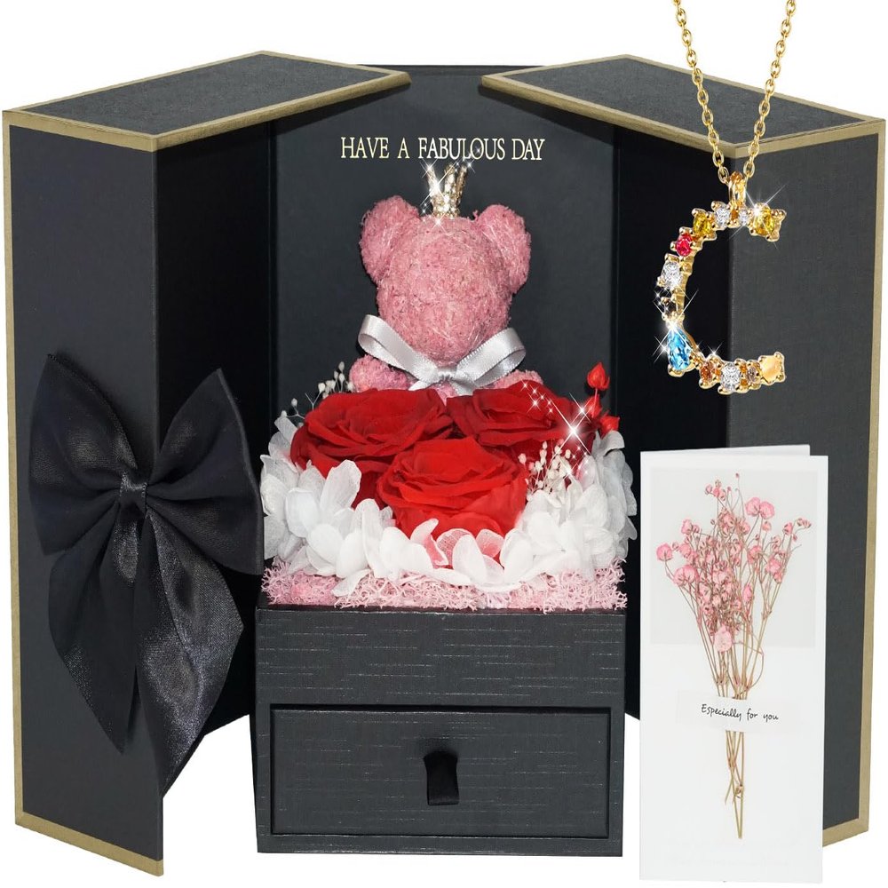 ADDWel Valentines Day Gifts for Her Girlfriend, Preserved Eternal Roses Bear Box with Initial C Necklace Inside, Romantic Forever Real Rose Gifts for Women Sister Wife or Mom Birthday Anniversary Vday