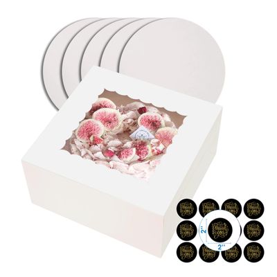 Heavy-duty 48 piece Cake Boxes: 8, 10, 12 Inch sizes with Round Cake Boards, Thank you stickers, Clear Window. Perfect for Baby Shower, Birthday, Wedding. 12 boxes, 12 boards, 24 stickers (10 inch)