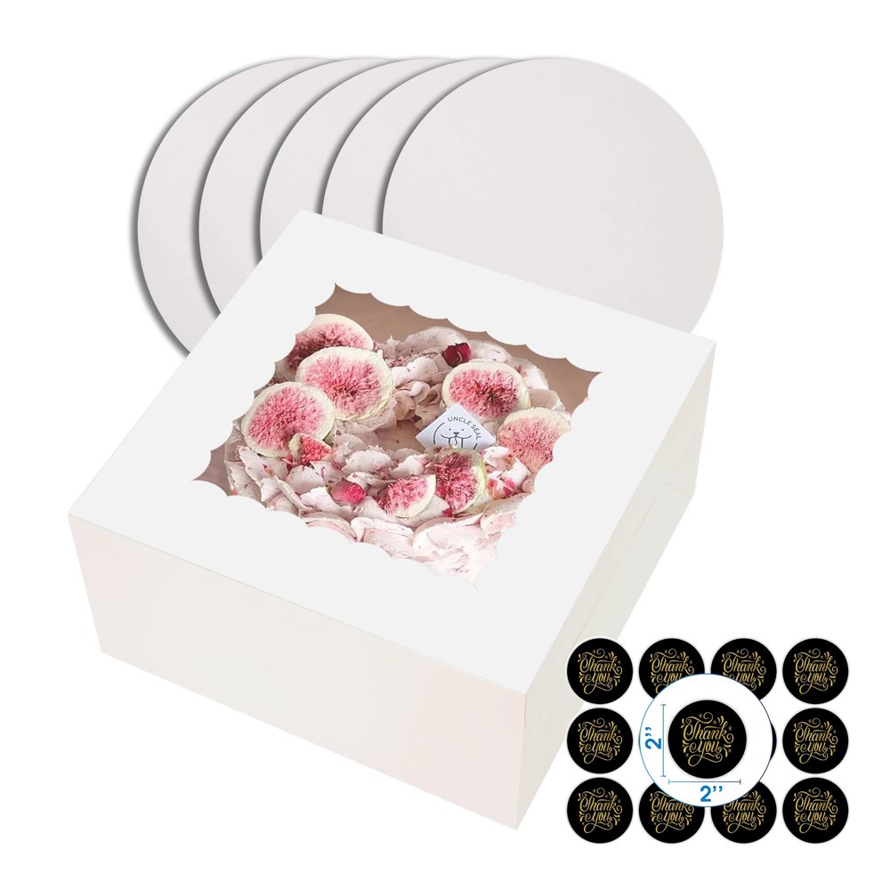 Heavy-duty 48 piece Cake Boxes: 8, 10, 12 Inch sizes with Round Cake Boards, Thank you stickers, Clear Window. Perfect for Baby Shower, Birthday, Wedding. 12 boxes, 12 boards, 24 stickers (10 inch)