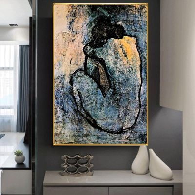 HOLEILUCK Famous Painting Blue Nude By Pablo Picasso Modern Art Prints Wall Art Cuadros Pictures for Living Room Decor 55x70cm/22x28inch With-Golden-Frame Ready to Hang