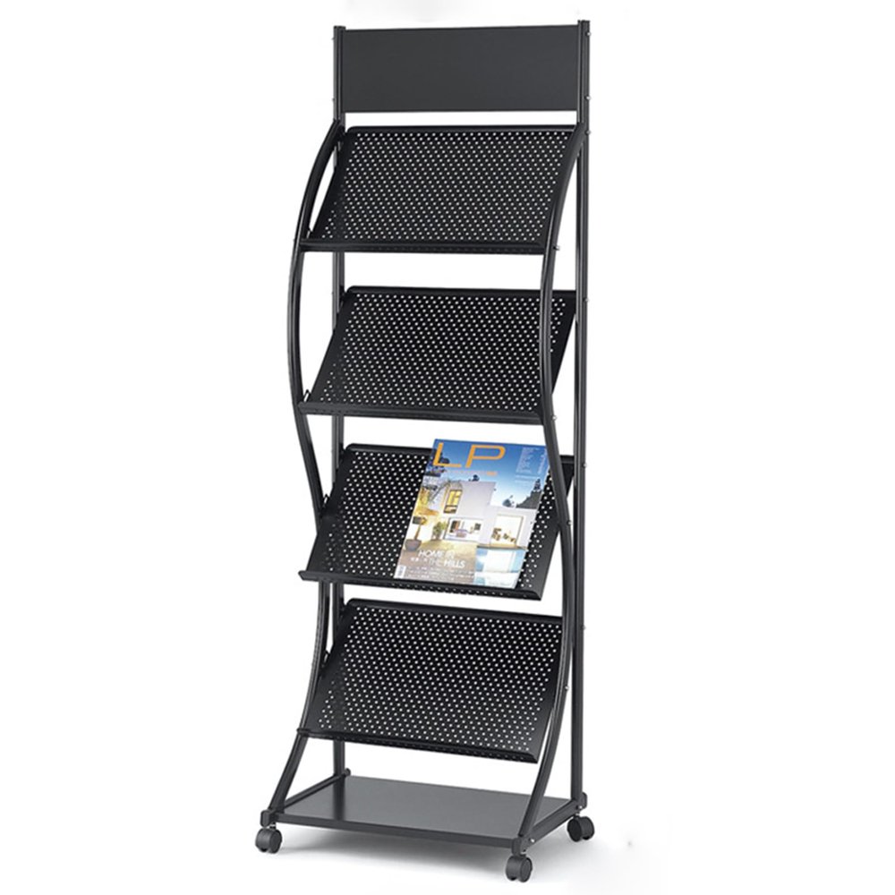 Magazine Rack Floor-Standing,4 Tier Newspaper Holder Brochure Display Stand,Magazine Holder with Wheels for Many Brochures and Booklets (Black)