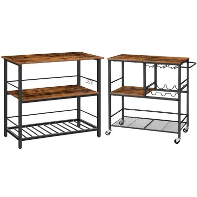 HOOBRO Kitchen Island with Wine Rack and Bar Cart Bundle, for Living Room, Party, Bar, Rustic Brown and Black BF02ZD01-BF21TC01