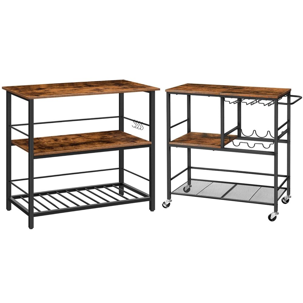 HOOBRO Kitchen Island with Wine Rack and Bar Cart Bundle, for Living Room, Party, Bar, Rustic Brown and Black BF02ZD01-BF21TC01