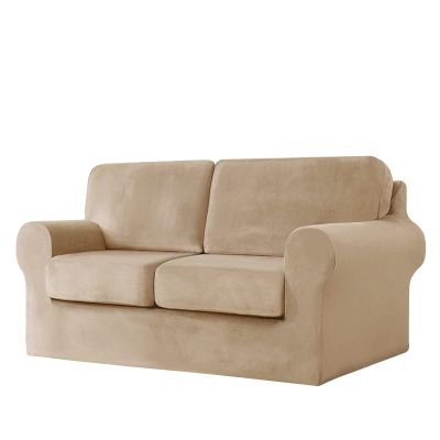 5 Pieces Elasticity Velvet Sofa Cover, for 2 Sofa Slipcover with 2 Cushions Washable Couch Cover for Kids niture Cover-Brown A-Medium