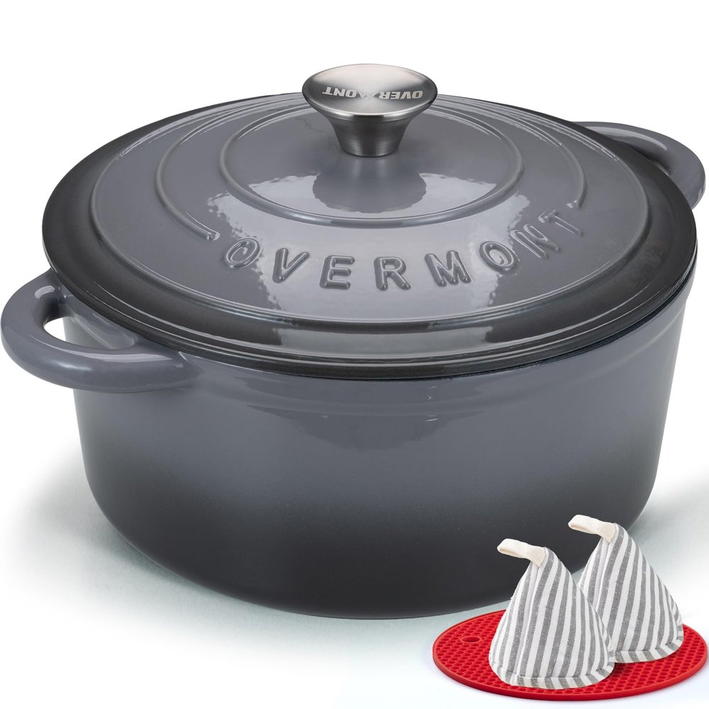 Overmont Enameled Cast Iron Dutch Oven - 4.5QT Pot with Lid Cookbook & Cotton Potholders - Heavy-Duty Cookware for Braising, Stews, Roasting, Bread Baking grey