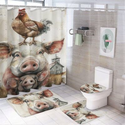 FOCCAFB 4Pcs Watercolor Pig Chicken Bathroom Sets with Shower Curtain Rugs Mats Rustic Farm Nature Animal Barn Bathroom Decorations Sets with Non Slip Rugs Toilet Lid Cover Bath Mat, Style-6