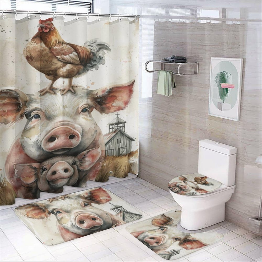 FOCCAFB 4Pcs Watercolor Pig Chicken Bathroom Sets with Shower Curtain Rugs Mats Rustic Farm Nature Animal Barn Bathroom Decorations Sets with Non Slip Rugs Toilet Lid Cover Bath Mat, Style-6