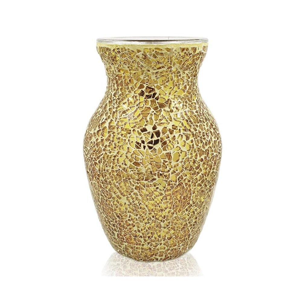 BRAGUE Gold Crackle Glass Vase, Modern Geometric Bell-Shaped Centerpiece for Dining Table, Living Room, Kitchen, 20x11x10cm