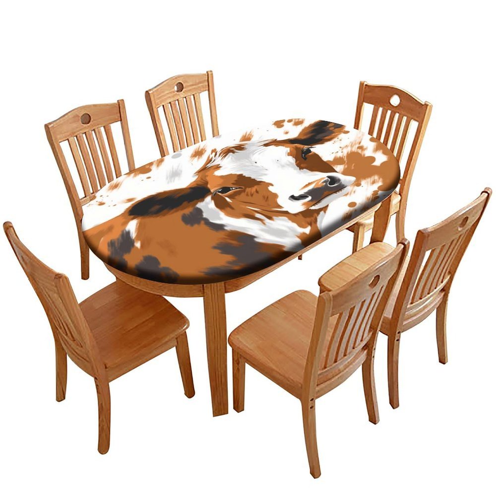 Barsada Cow Brown Print Tablecloth Oval Stain Resistant Oilproof Elastic Table Cloth Oval Tablecloth Cover Table for Birthday New Year Bachelor Party Graduation Fits for 52 x 70 Oval Table