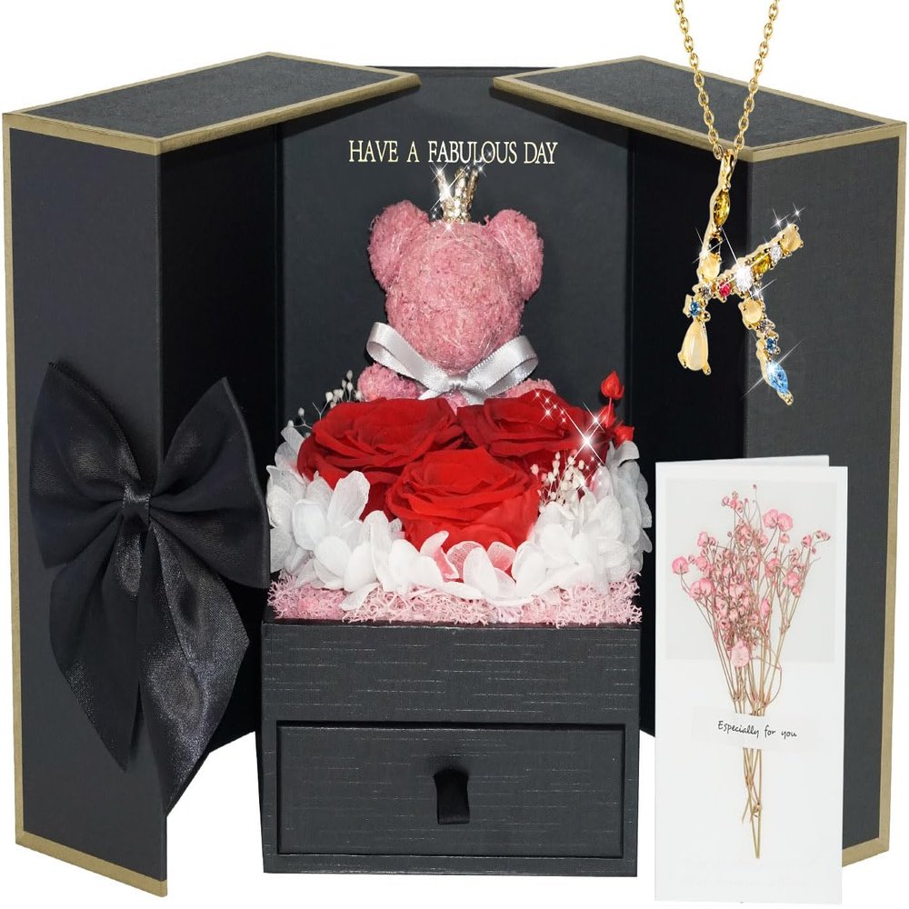 ADDWel Valentines Day Gifts for Her Girlfriend, Preserved Eternal Roses Bear Box with Initial K Necklace Inside, Romantic Forever Real Rose Gifts for Women Sister Wife or Mom Birthday Anniversary Vday