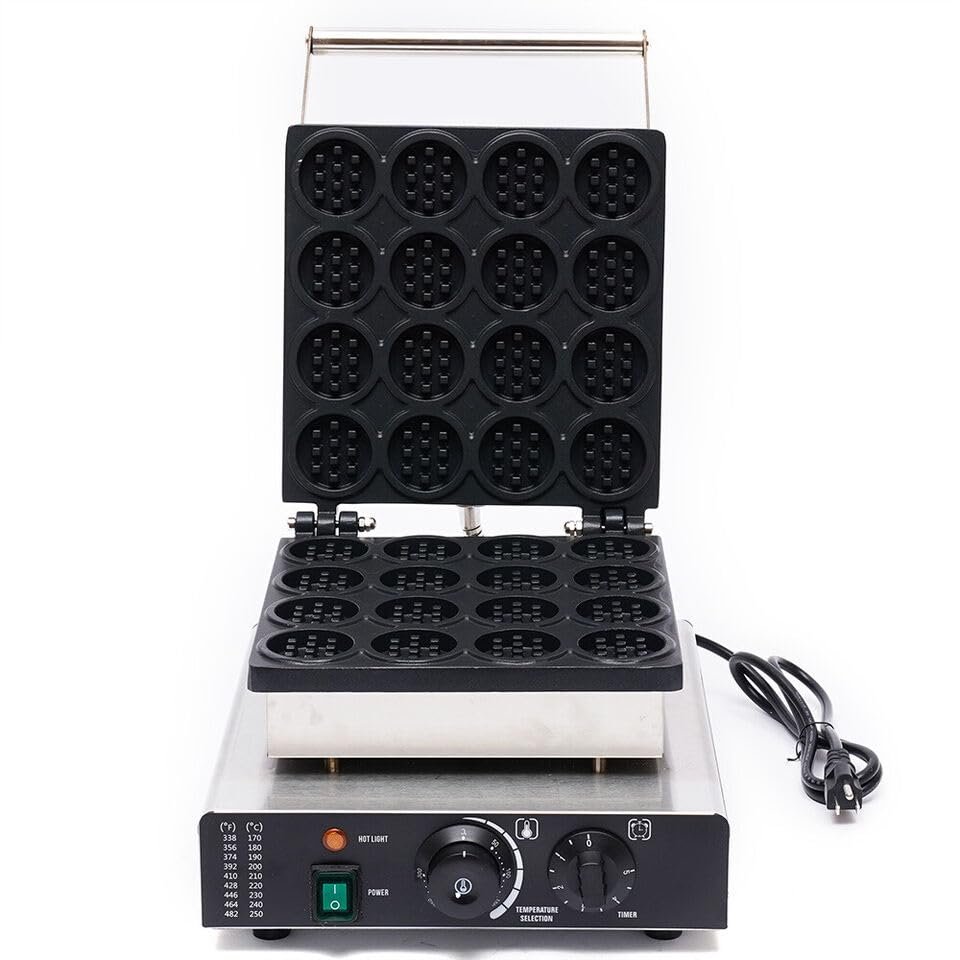 Commercial Round Waffle Maker Electric Mini Waffle Iron, 16 Grids 1750W Nonstick Stainless Steel Round Belgian Waffle Machine, 122-572F Temp Range for Restaurant, Snack Bar, Food Stall