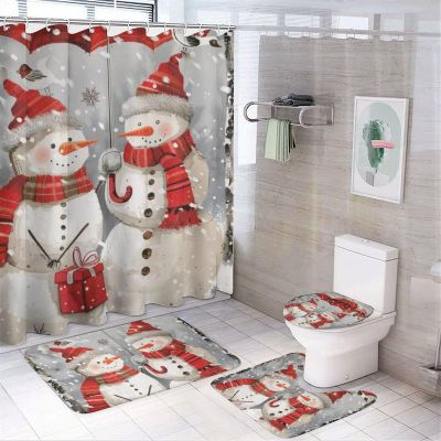 FOCCAFB 4PCS Vintage Snowman Bathroom Set with Rugs and Toilet Lid Cover Forest Snow Scene Nature Christmas Waterproof Shower Curtain Set for Bathroom Decor